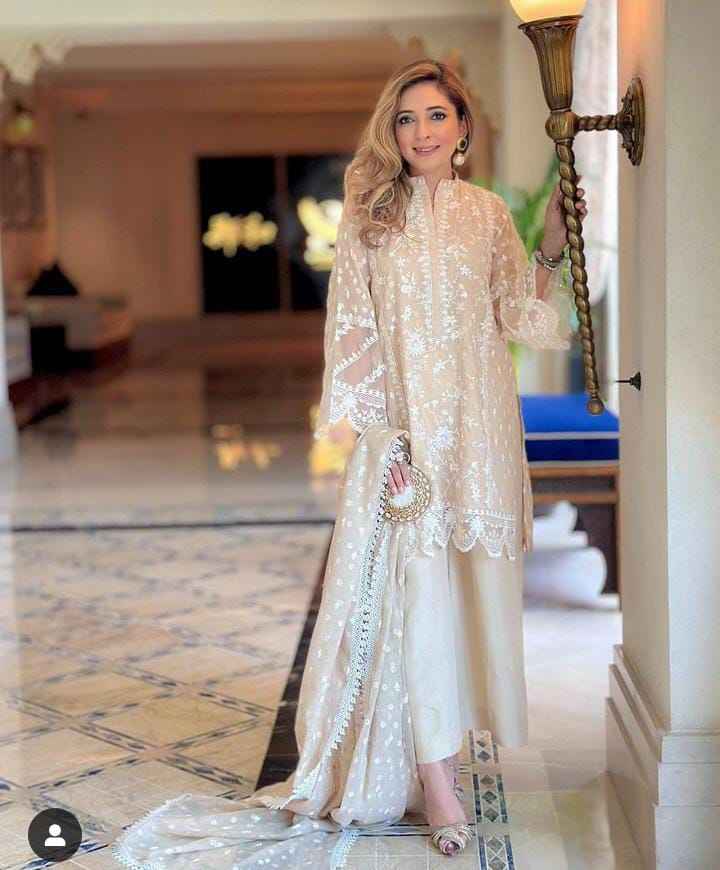 Chiffon 3Pc Suit With Malai Crap Trouser