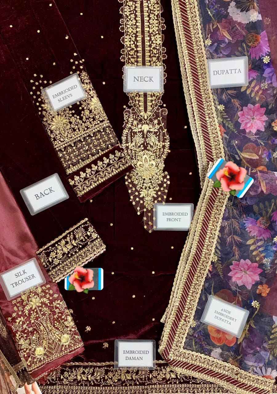 Embroidered Pure Velvet Suit 3 Pc