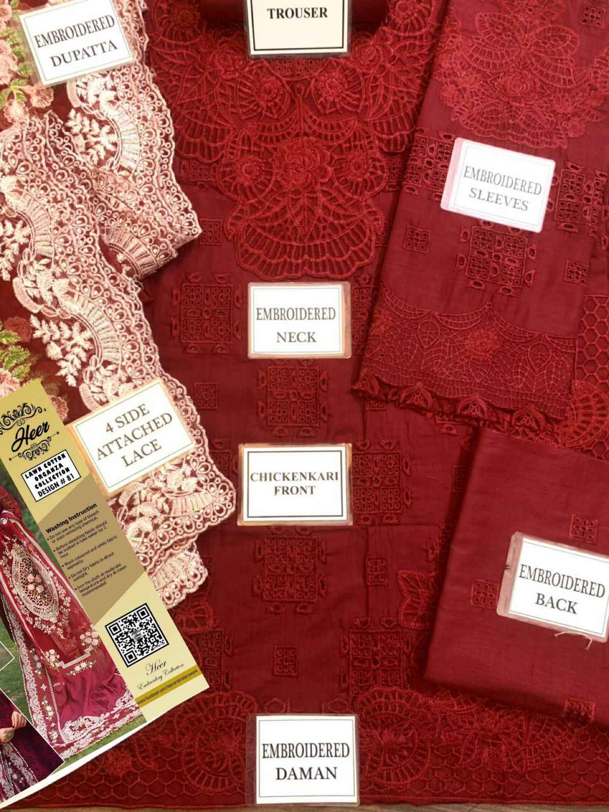 Crimson Chikankari Lawn & Organza Embroidered Suit