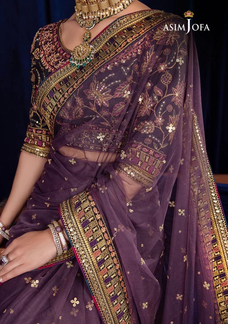 Asim Jofa Luxury Net Saree: Embroidered Net & Cotton Silk