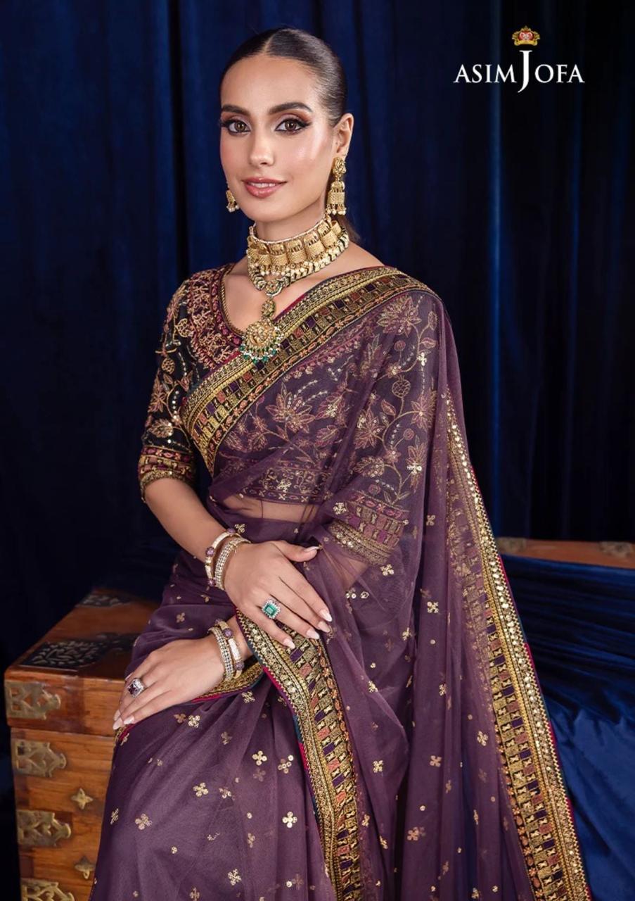 Asim Jofa Luxury Net Saree: Embroidered Net & Cotton Silk
