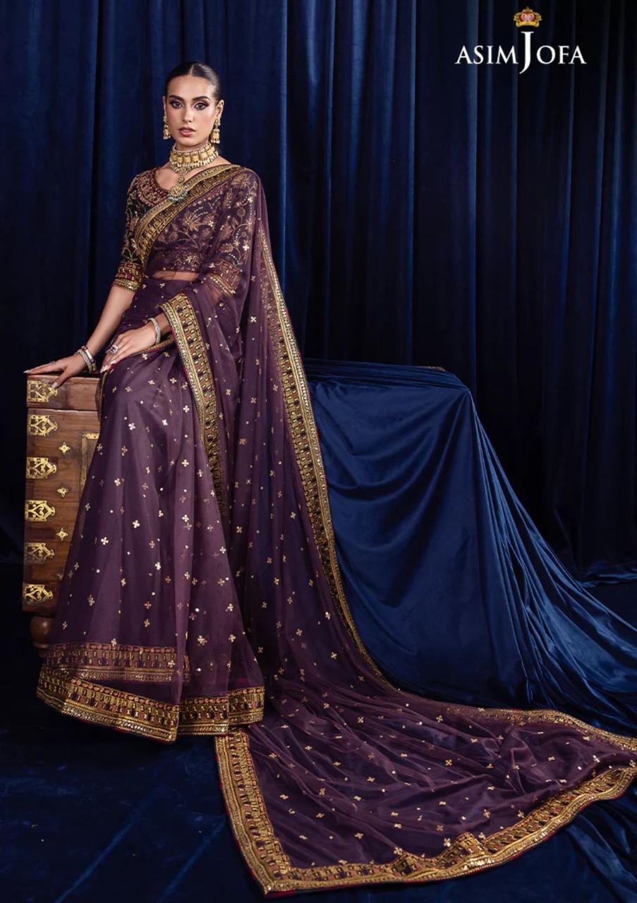 Asim Jofa Luxury Net Saree: Embroidered Net & Cotton Silk