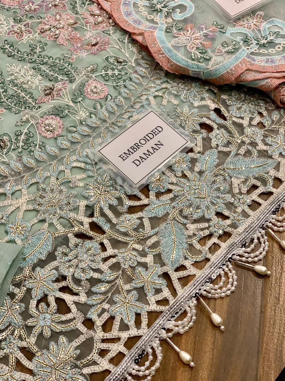 Maria B Couture Collection: Heavy Embroidered Chiffon with Spangle Work