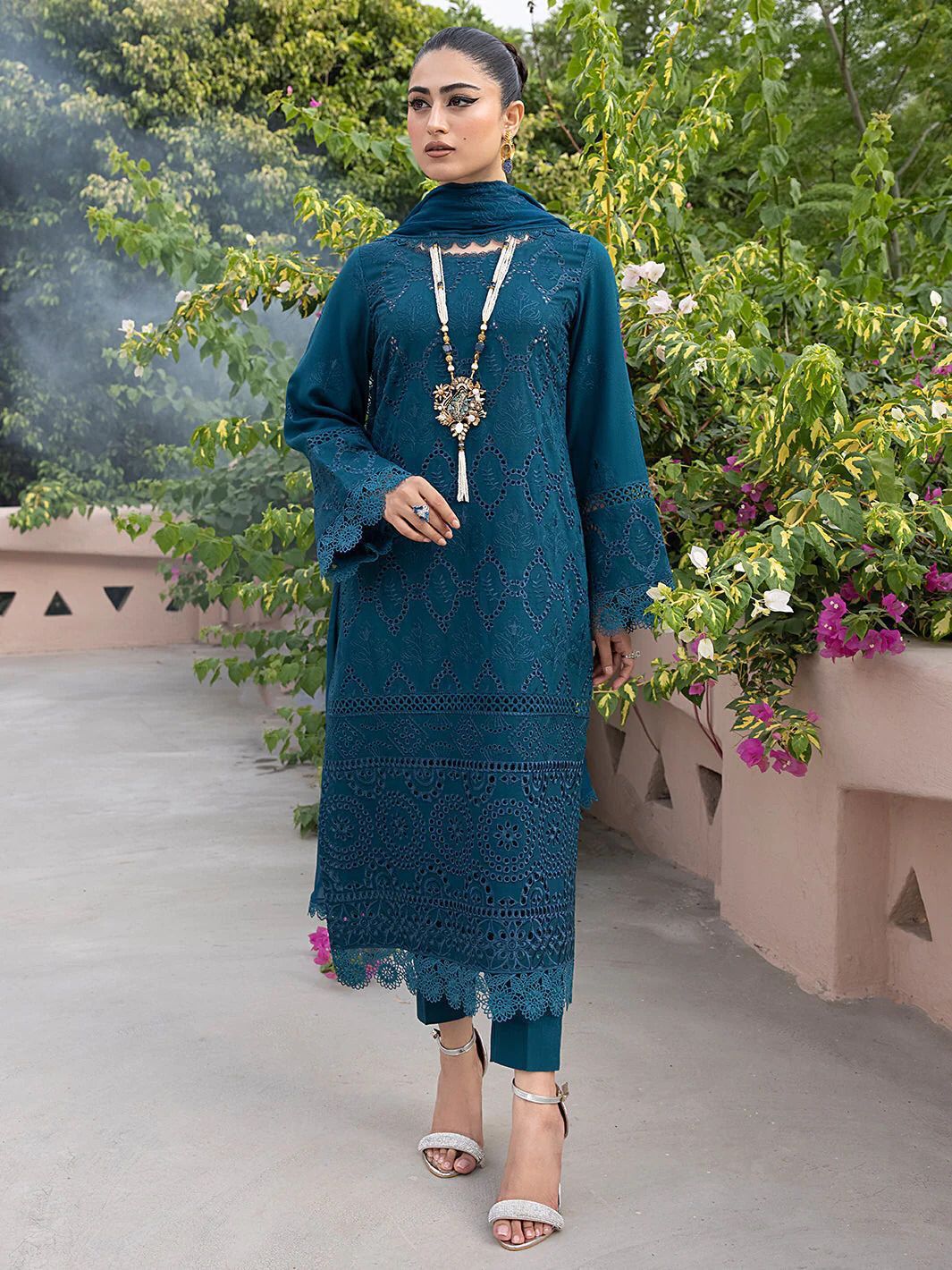 KHAF Chikankari Collection: Embroidered Cotton with Chiffon Dupatta