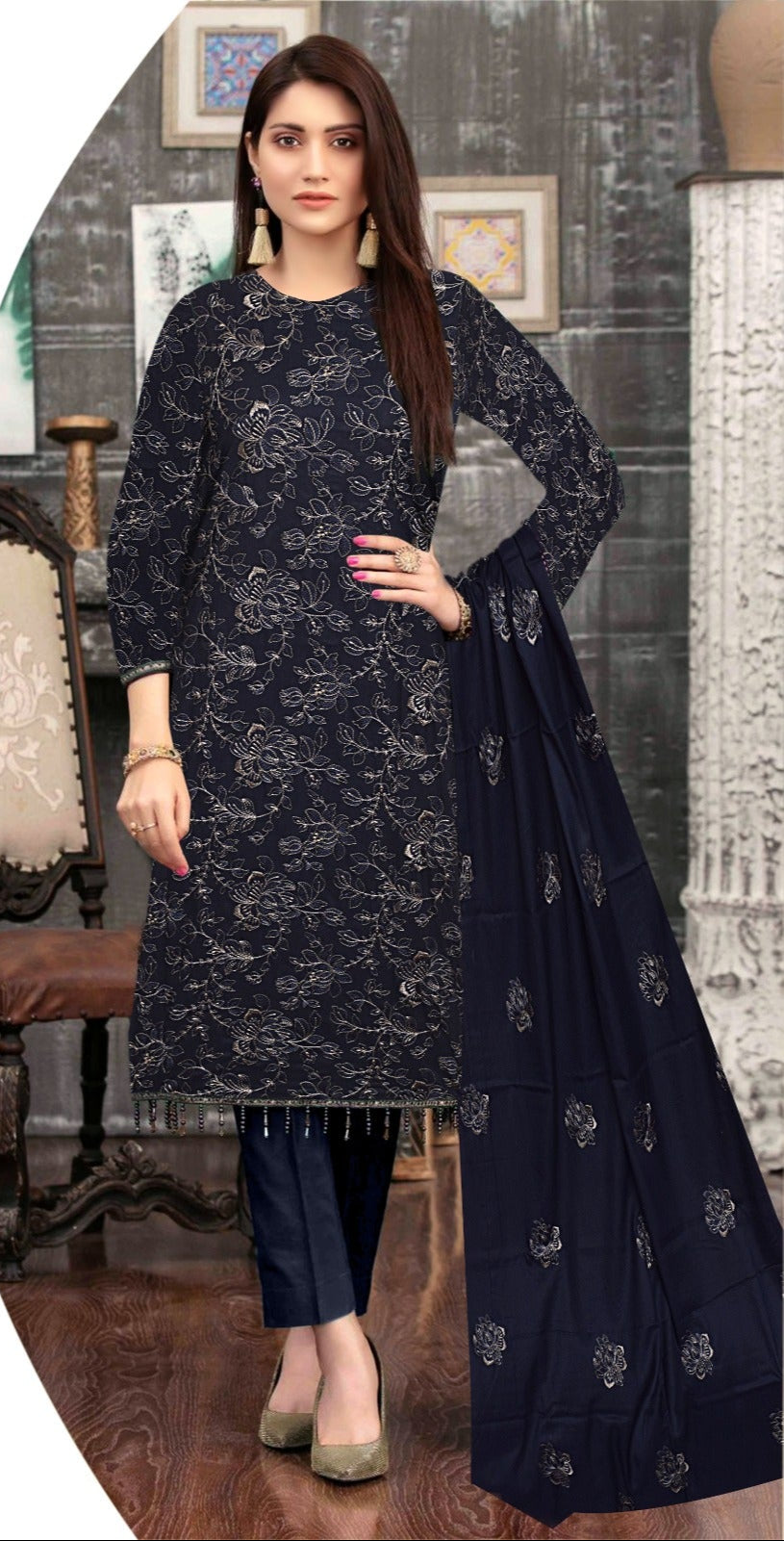 Winter Collection – Dhanak Embroidered 3-Piece Suit (Design 15)