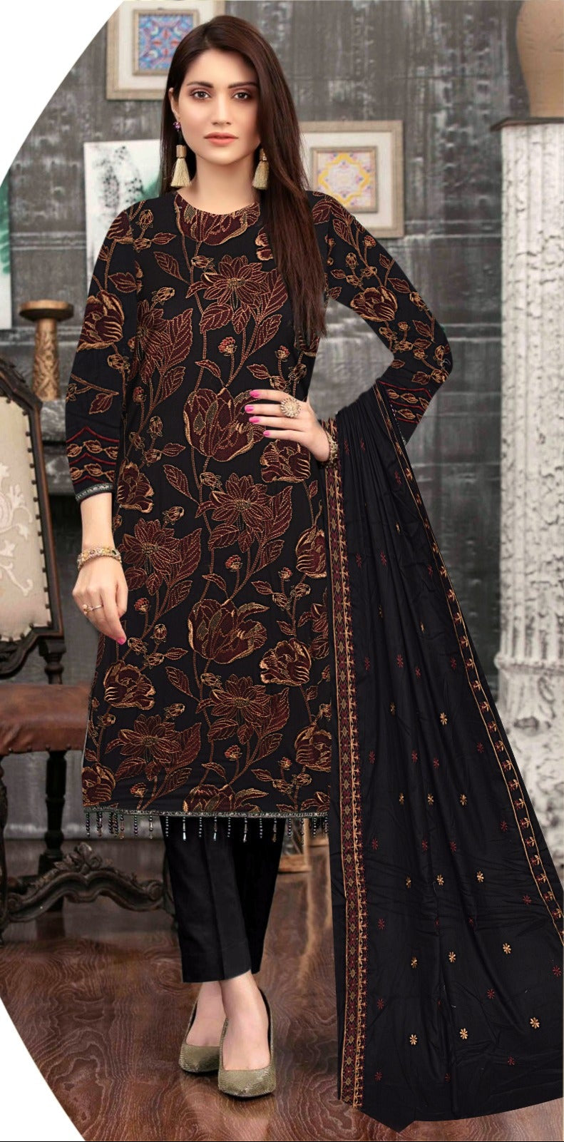 Winter Collection – Dhanak Embroidered 3-Piece Suit (Design 16)