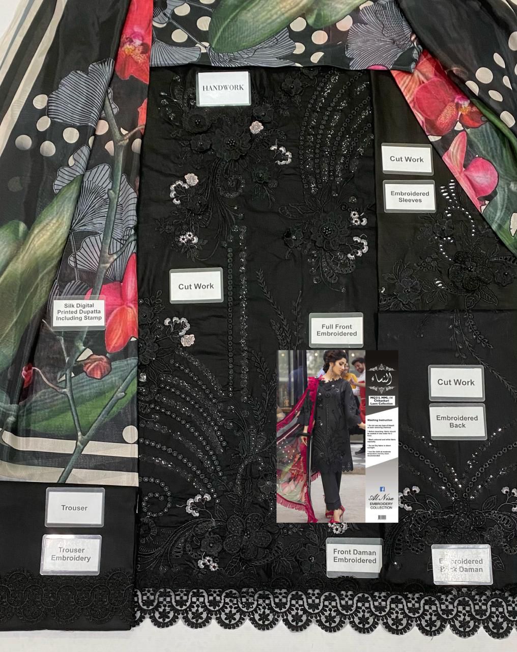 3-Piece Unstitched Suit: Chikankari Lawn with Silk Dupatta & Embroidered Patches